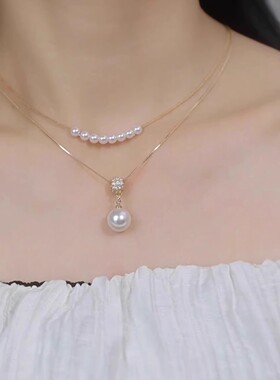 FEEINS金色双层叠戴珍珠锁骨链女新款爆款简约轻奢气质高级感项链