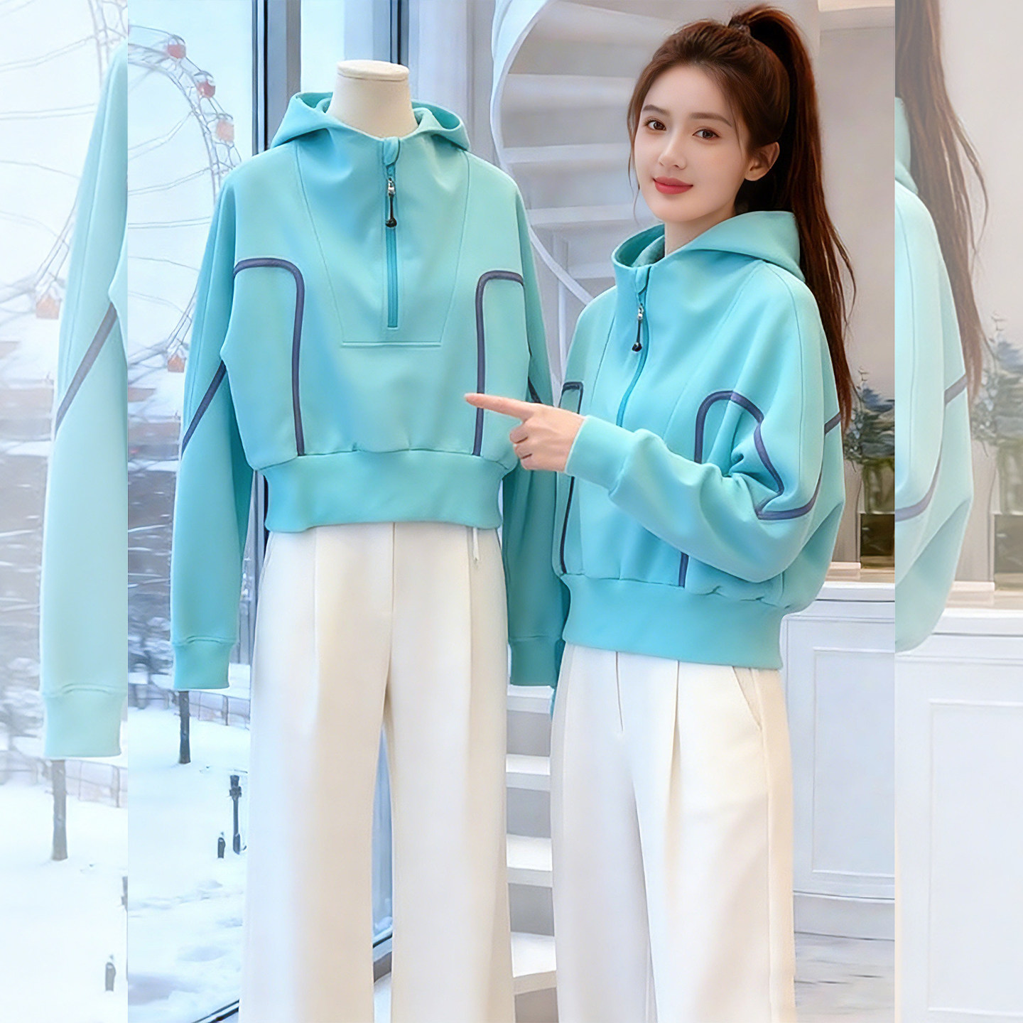荧光蓝调~潮流高级感半拉链带帽卫衣女款冬季小个子宽松休闲上衣,淘宝优惠券,粉丝福利购,淘宝优惠卷