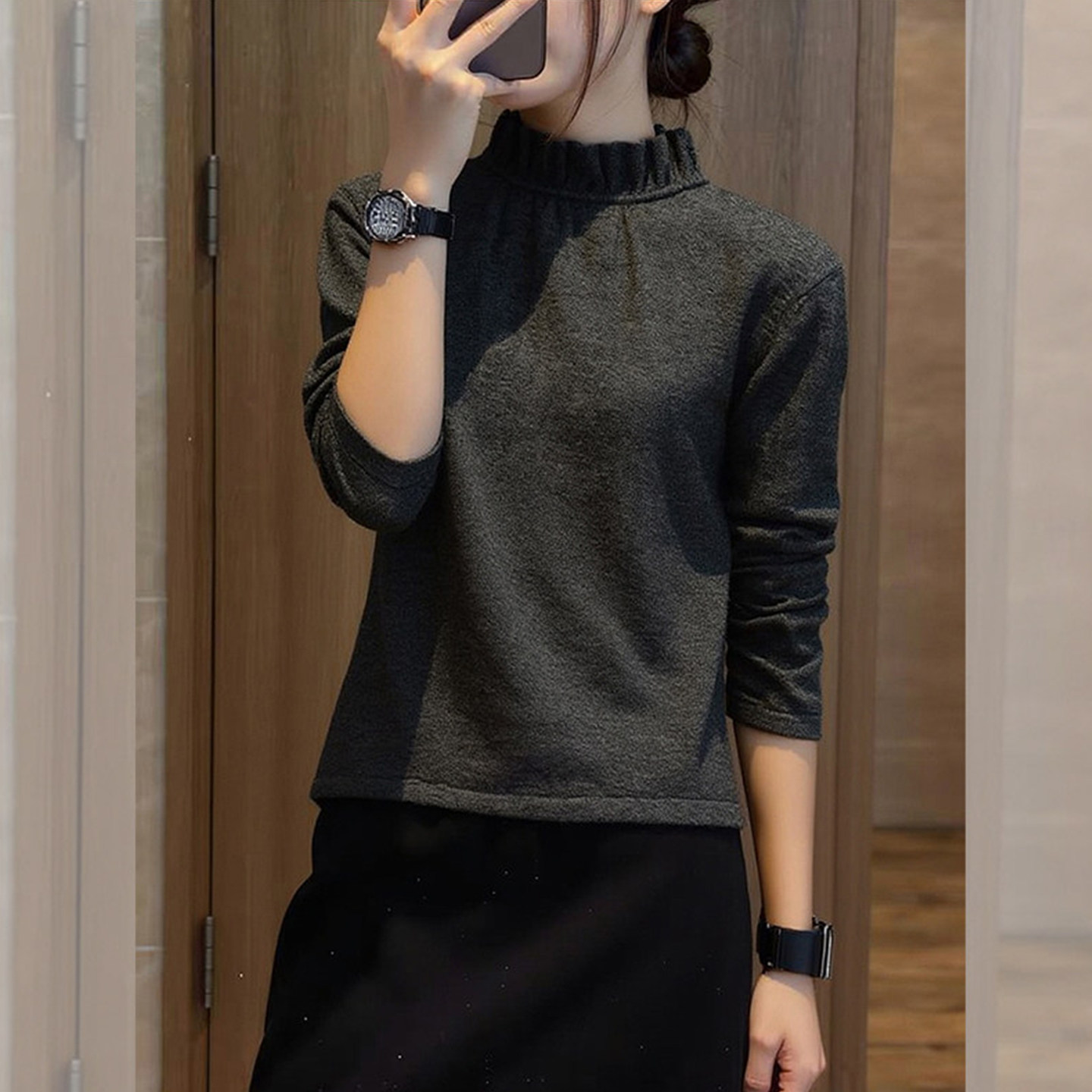 雾灰朦胧~灰色木耳边立领卫衣女秋冬高级感气质休闲长袖内搭上衣,淘宝优惠券,粉丝福利购,淘宝优惠卷