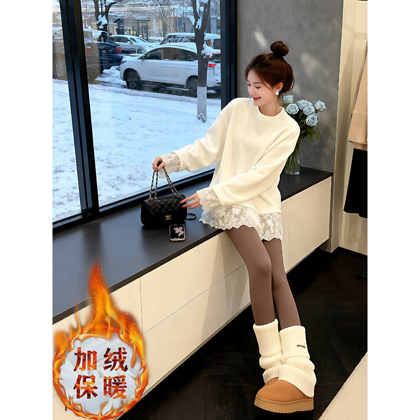 白茶诗篇~韩系慵懒风蕾丝拼接长袖T恤遮屁股长款打底衫女内搭上衣,淘宝优惠券,粉丝福利购,淘宝优惠卷