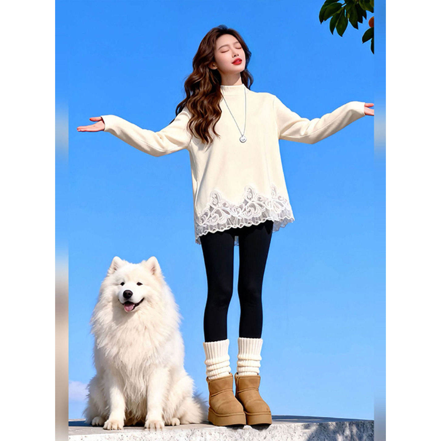 蕾丝白茶~刺绣拼接白色德绒半高领打底衫女秋冬加厚宽松内搭上衣,淘宝优惠券,粉丝福利购,淘宝优惠卷