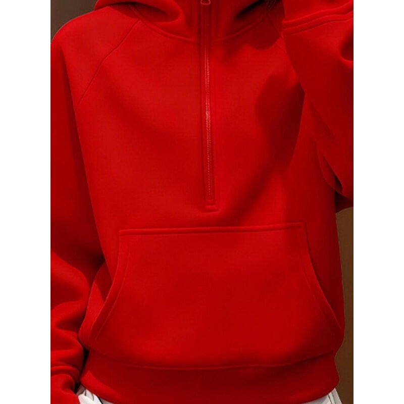 红乔花月~修身显瘦红色半拉链连帽内搭打底衫女秋季高级感长袖T恤,淘宝优惠券,粉丝福利购,淘宝优惠卷