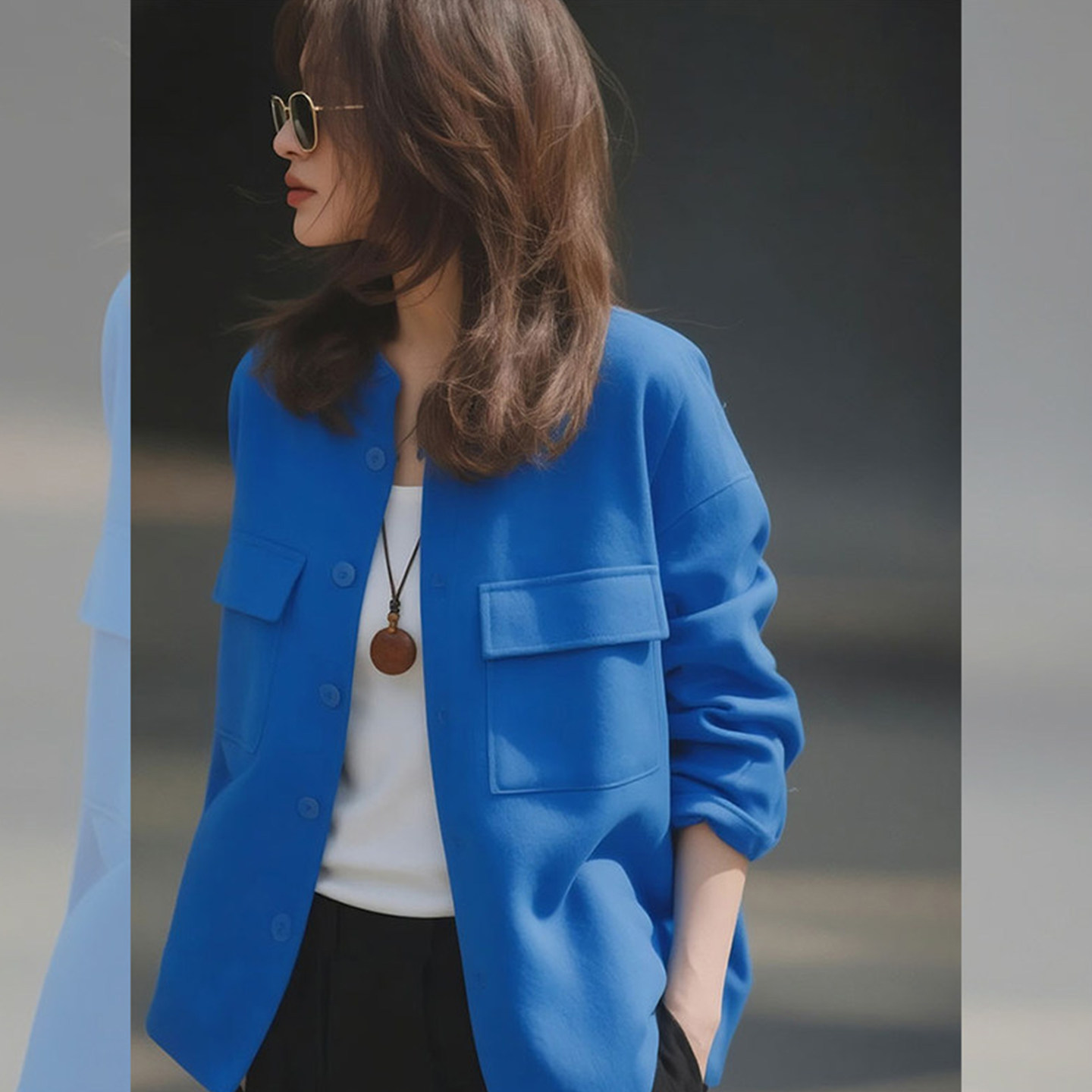 湛蓝澄澈~2026超火减龄蓝色圆领外套女款春季休闲纽扣开衫棒球服,淘宝优惠券,粉丝福利购,淘宝优惠卷