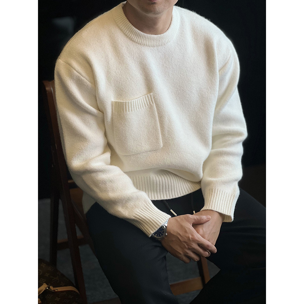 简素Design侧口袋圆领针织加厚毛衣男宽松纯色内搭打底衫上衣秋冬,淘宝优惠券,粉丝福利购,淘宝优惠卷