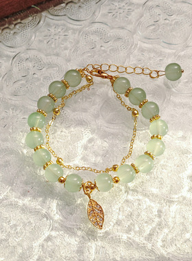 新中式透亮翠绿双层串珠叶子手链 国潮古风轻奢高级感气质手饰女