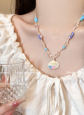 海星贝壳珍珠彩色串珠项链女海边度假风锁骨链气质甜酷颈链配饰品