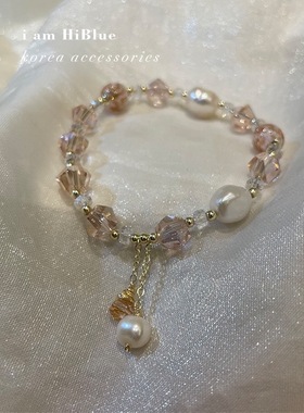 韩国东大门淡水珍珠粉色水晶石夏日可爱手链招桃花粉水串珍珠手串