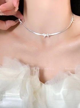 冷感美女甜酷银色蝴蝶结choker项链女小众设计感高级蛇骨链项圈