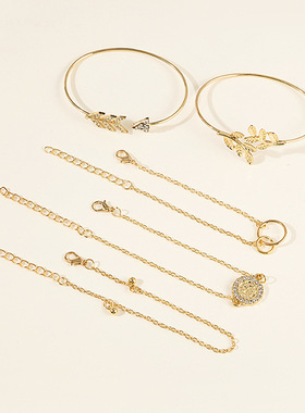 欧美热卖手链5件套 2022创意叠戴镶钻圆圈树叶箭头开口手镯首饰