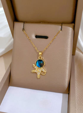 【钛钢】宇航员星球轻奢气质华丽满钻项链女百搭锁骨链钛钢链条