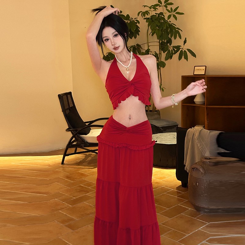 Malou 夏日度假风V领挂脖小吊带  飘逸清新半身裙两件套K24S61224 - 图2