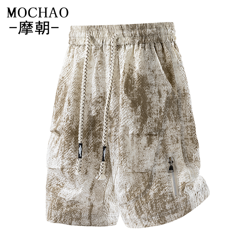 摩朝夏季潮牌扎染工装短裤男士休闲宽松大码复古五分裤泡泡格裤子 - 图2