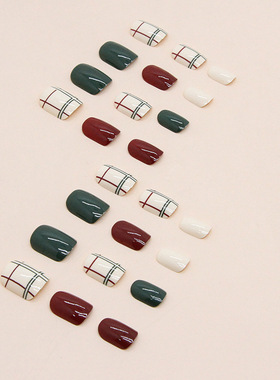 短款酒红暗绿色复古格纹优雅时尚显白穿戴甲轻奢风美甲片成品