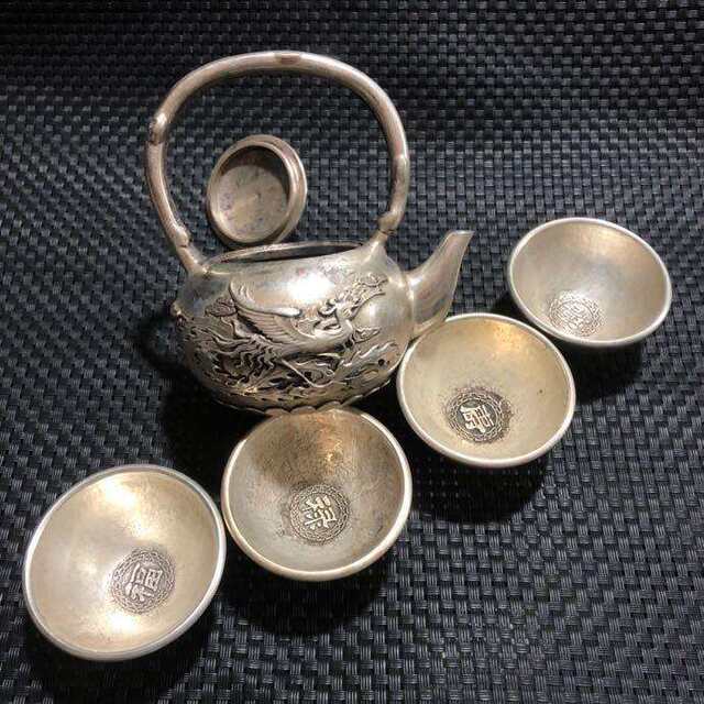 Antique miscellaneous antique old white copper silver-plated set of teacups and teapots