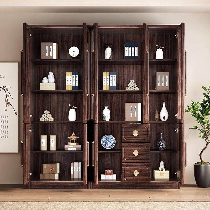 新中式黑胡桃木实木书柜书架书橱家用落地带玻璃门收纳柜子置物柜,淘宝优惠券,粉丝福利购,淘宝优惠卷
