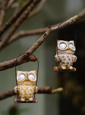 发光吊篮猫头鹰太阳能灯挂件花园庭院装饰树脂工艺品
