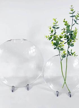 现代简约圆形创意透明玻璃金属花器水培插花客厅样板房家居装饰品