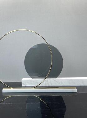 简约现代灰色玻璃大理石金属圆环屏风摆件样板房售楼处软装饰品