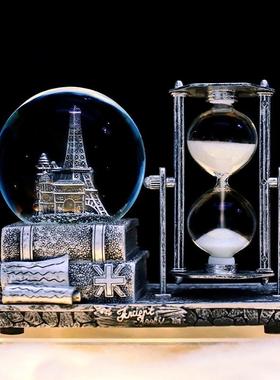 新品计时器铁塔音乐水球沙漏摆件发光水球音乐盒办公室桌面摆件