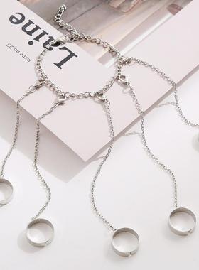 Chain ring couple rings蹦迪炼条组合戒指朋克开 口食指戒情侣款