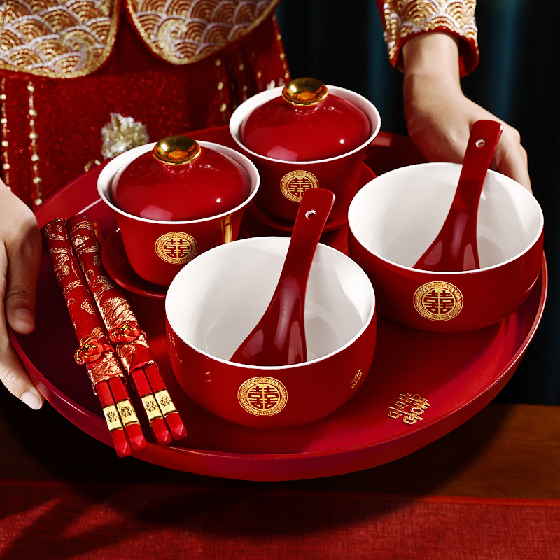 敬茶杯结婚陪嫁用品改口敬酒茶杯套装喜碗婚礼红色碗筷对碗娘家