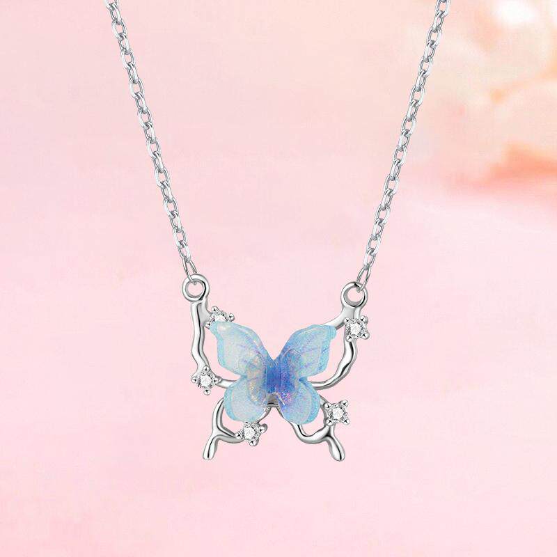 zeroline幽蓝蝴蝶项链女纯银轻奢小众精致毛衣链锁骨链情人节礼物