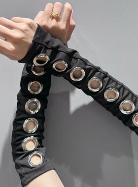 亚比风文化袖套女y2k黑色半截露指手套金属扣暗黑朋克防晒手袖女