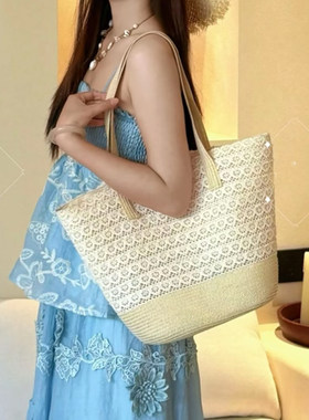 蕾丝ins风韩系草编包织包女2026海边度假沙滩包大容量单肩水桶包