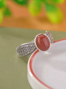 新中式925镀银南红玛瑙戒指