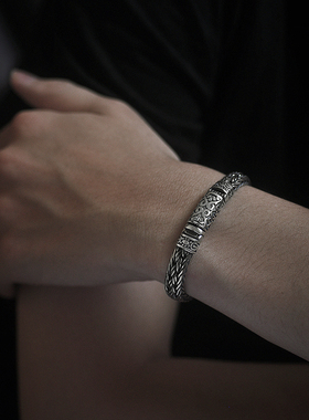 男士手链扁链身龙骨镀银编织手链男女可佩带男镀银手链