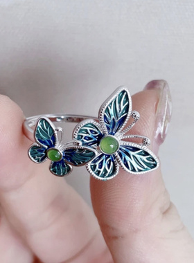 珐琅工艺双蝴蝶戒指女复古民族风
