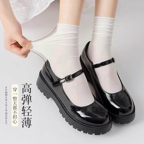 白色堆堆袜子女2025年夏季新款冰冰袜中筒袜搭配皮鞋冰冰袜e24-3 - 图0
