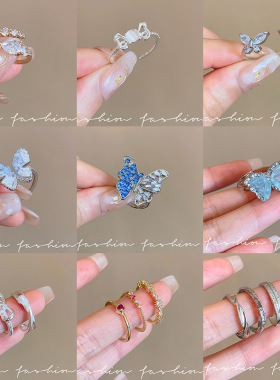 戒指女粗胖手大号银色蝴蝶结珍珠戒指女轻奢高级指环夏日戒指