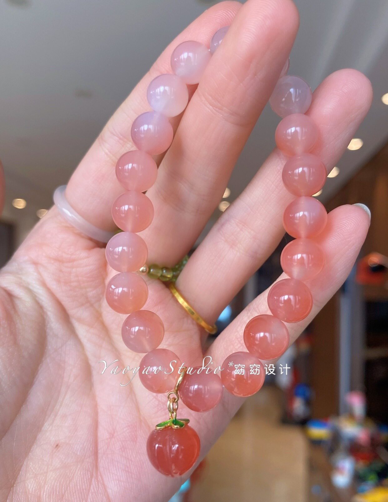 天然水晶盐源玛瑙少女心爱水蜜桃粉色渐变手链手串女友礼物