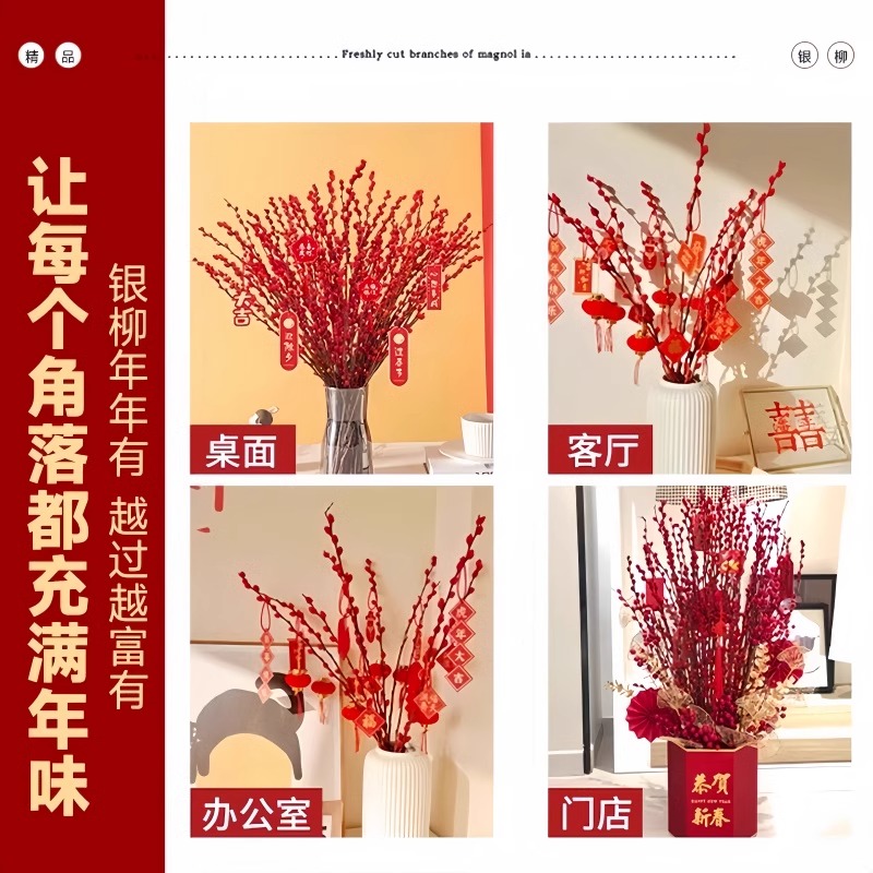 银柳真花鲜枝客厅摆件四季耐寒干花新年红色福桶招财年宵花卉盆栽 - 图2