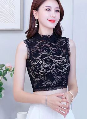 休闲蕾丝假领子打底衫无袖短款衫