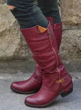 Women's Mid Calf Boots Vintage British PU Leather Sh