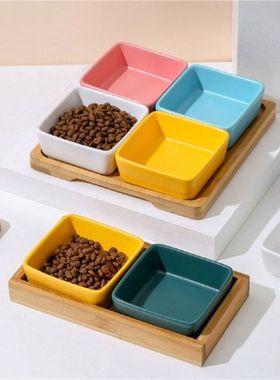 Cat And Puppy Square Ceramic Bowl,Wooden Shelf And Ceramic
