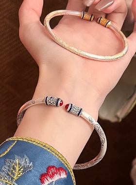 吉言描金招财猫古法银镯子