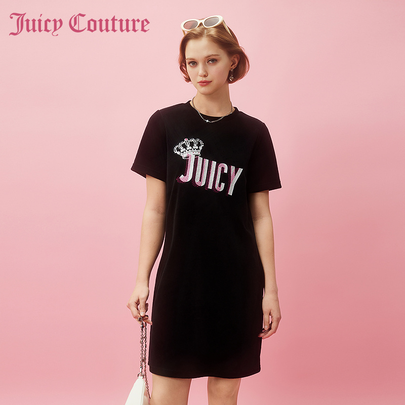 Juicy Couture橘滋2024款辉煌夜空图案刺绣烫钻印花天鹅绒连衣裙-图0