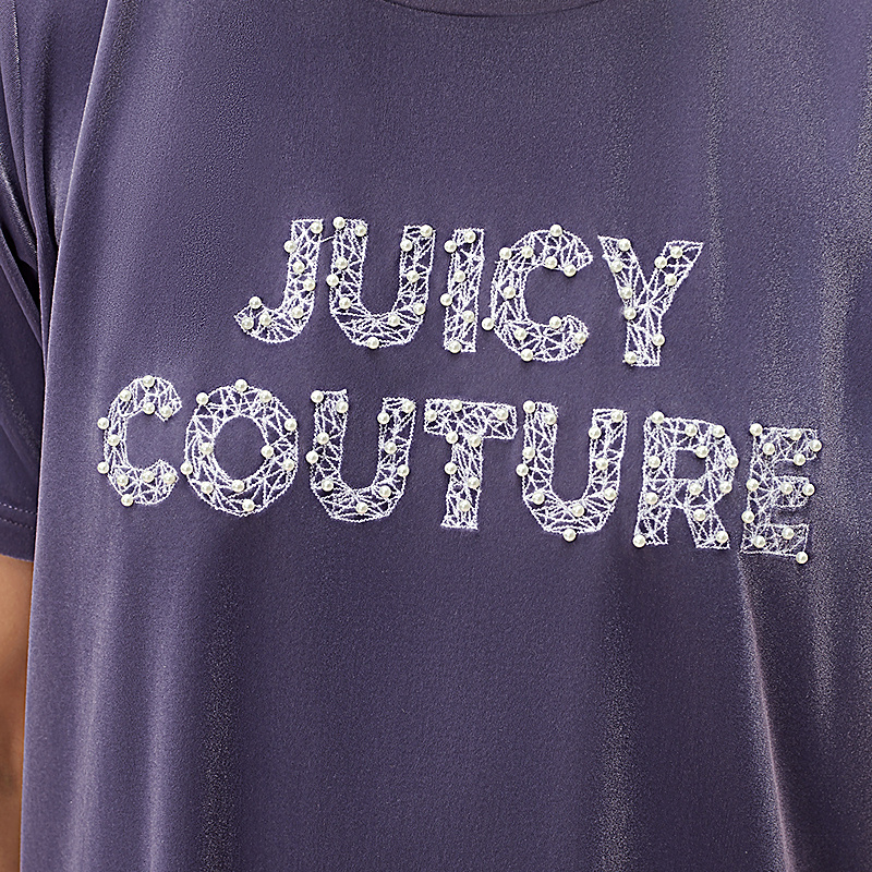 Juicy Couture橘滋2024新款女装夏季紫芋牛奶刺绣珍珠丝绒连衣裙 - 图3