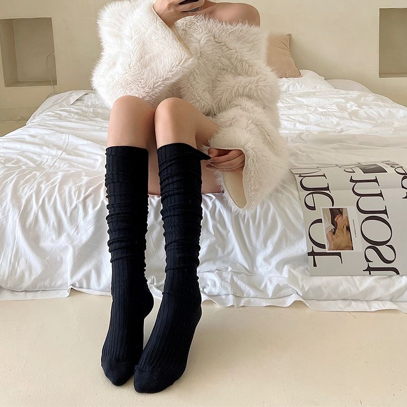 白色小腿袜女春秋美拉德薄款竖纹高筒搭长靴袜日系jk堆堆过膝袜女 - 图2