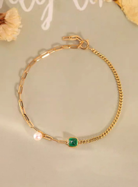 帕诗韵s925纯银手链珍珠镶绿色方形锆石时尚百搭日系简约风饰品