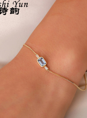 帕诗韵夏日海边度假风镶嵌蓝色方糖细手链女方形气质手环s925纯银