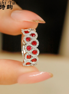 帕诗韵S925八字形满钻红宝石戒指