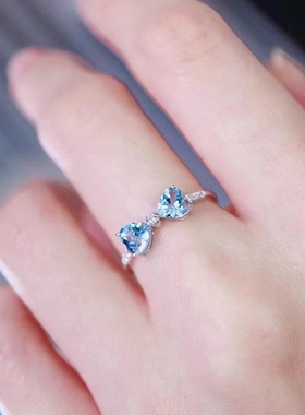 帕诗韵s925纯银镶嵌蓝钻蝴蝶结戒指轻奢浪漫海蓝甜美精致指环女士