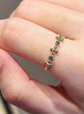 帕诗韵新款镶嵌蓝宝石露珠十字架戒指s925纯银日系简约轻奢指环女