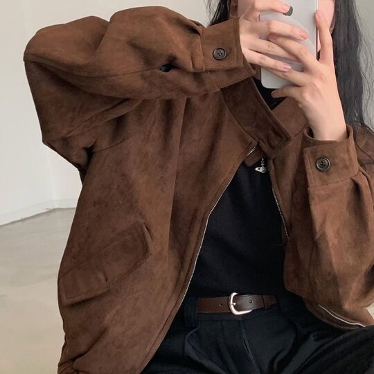 Maillard Suede Jacket Women's Autumn and Winter Design Niche Short American Bomber Jacket Trendy Top