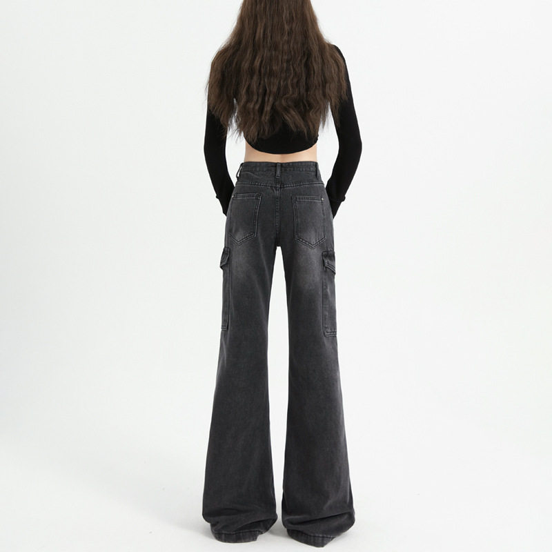 美式黑灰工装牛仔裤女秋冬新款宽松多口袋显瘦直筒休闲微喇裤黑色,淘宝优惠券,粉丝福利购,淘宝优惠卷