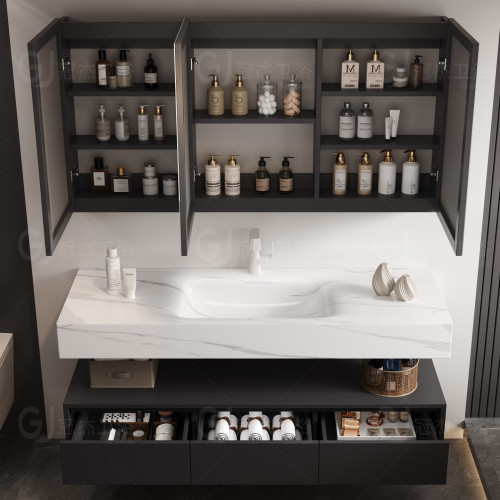 轻奢风浴室柜组合岩板陶瓷热弯一体盆卫生间洗手盆洗脸盆洗漱台柜 - 图1